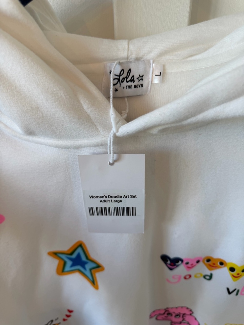 NWT women’s Lola + The Boys White Hoodie with Colorful Cartoon Graphics - Picture 2 of 4